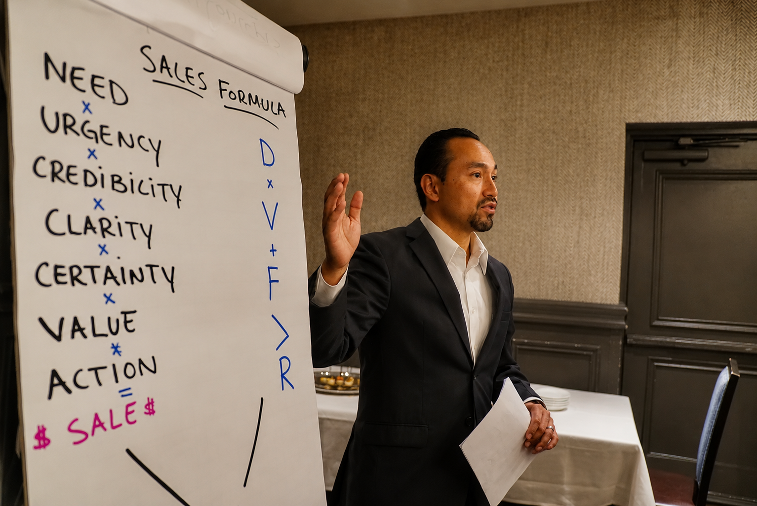 Authority AI consultant presenting a sales formula on a flip chart to leadership