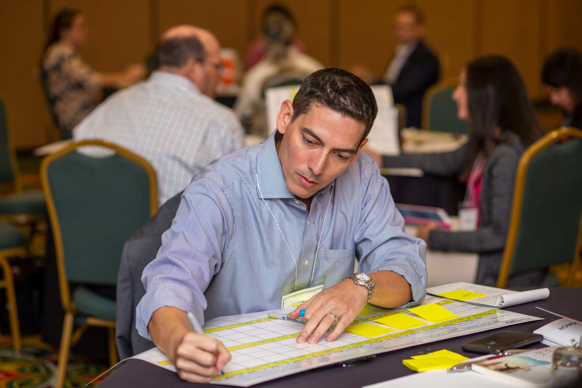 Business owner mapping out a 90-day plan during an on-site working session