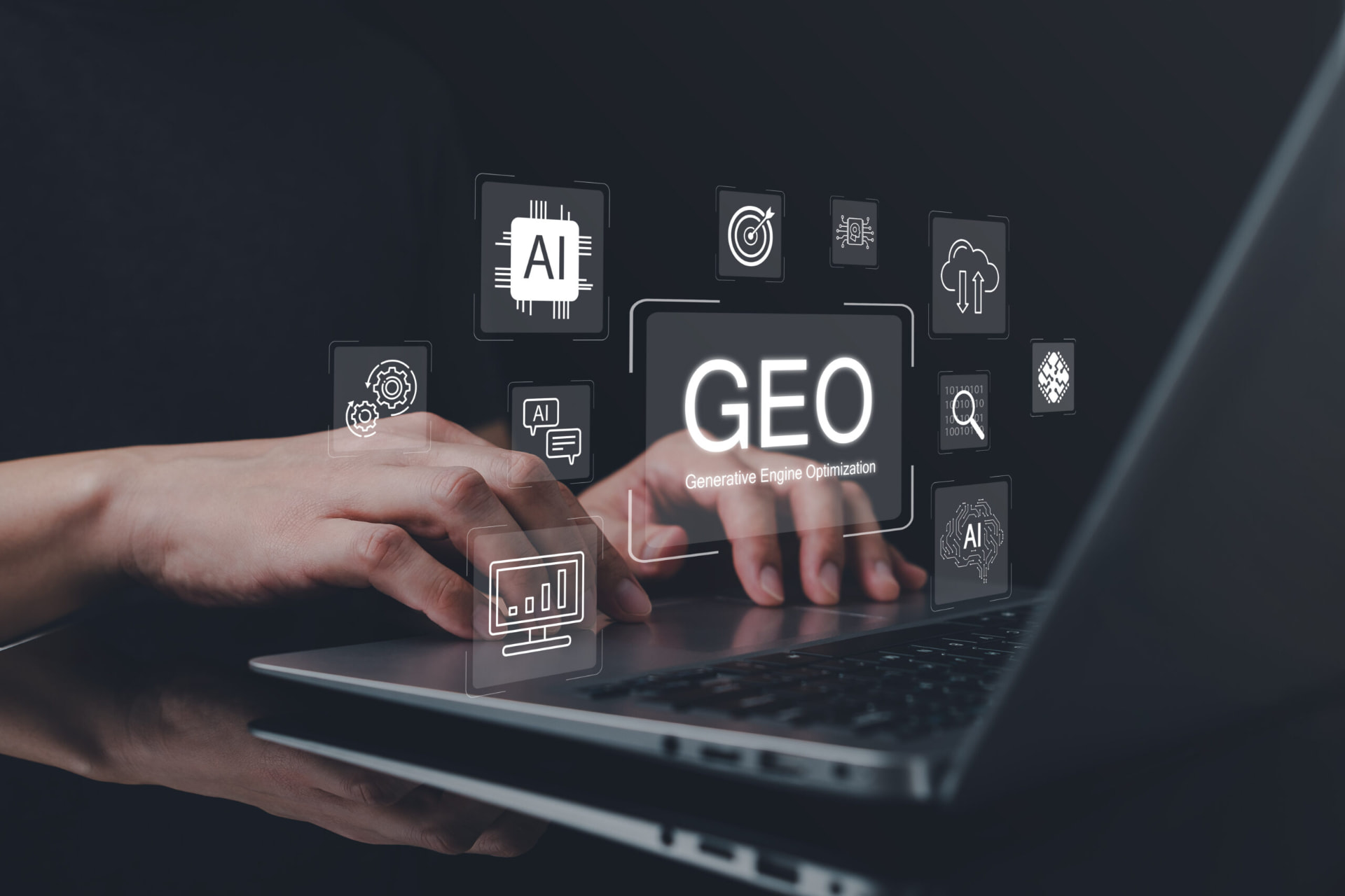 Hands on a laptop surrounded by generative engine optimization and AI icons